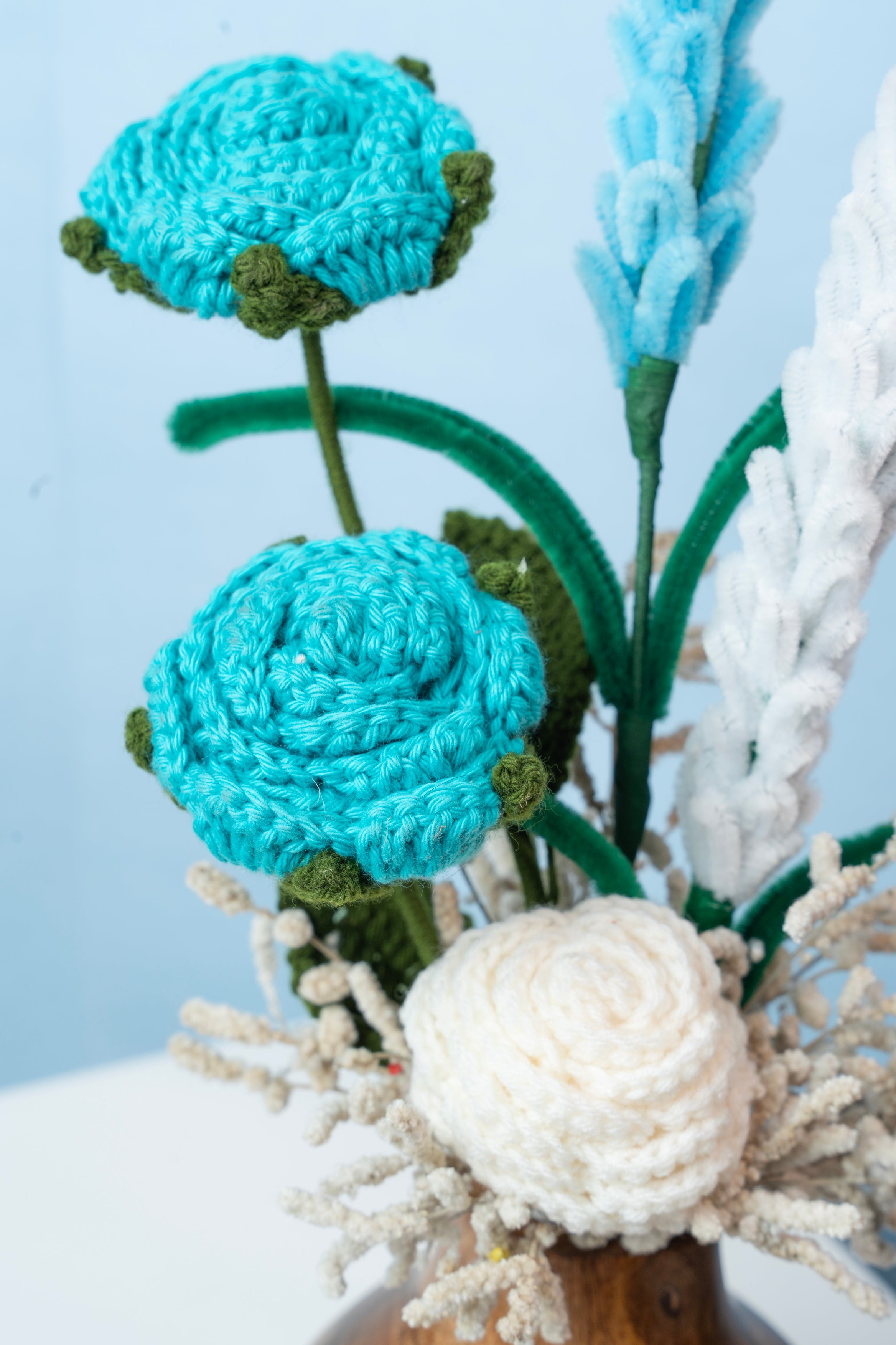 Blue Wood Bliss - Handmade Knitted Bouquet